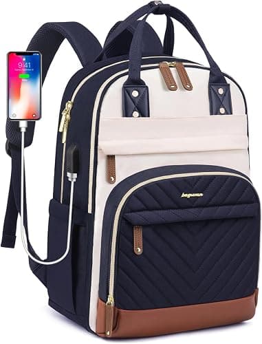 Laptop Backpack for Women, Fits 15.6 Inch Laptop Bag, Fashion Travel Work Backpack Anti-theft Bag with USB Charging, Business Computer Waterproof Backpack Purse, Beige Blue Brown - Image 1