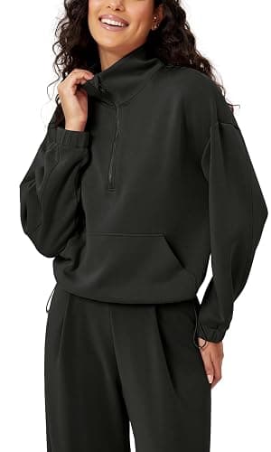 ODODOS Women's Modal Soft Cinchable Sweatshirts Half Zipper Funnel Neck Oversize Pullover with Pockets - Image 1