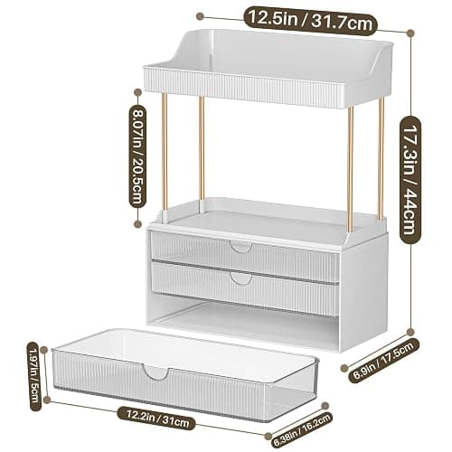 Storivo Makeup Organiser, 3 Tier Drawer, Cosmetics Organiser, Multi-function make up case, Large Vanity Organiser, Anti-Slip Design, Countertop Bathroom Storage, Clear - Clear thumbnail 2