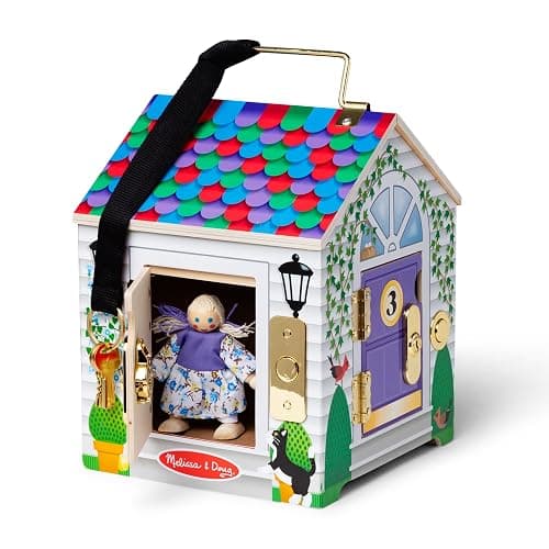 Melissa & Doug Take-Along Wooden Doorbell Dollhouse - Doorbell Sounds, Keys, 4 Poseable Wooden Dolls Portable Doll House, Doorbell House for Kids Ages 3+ thumbnail 5