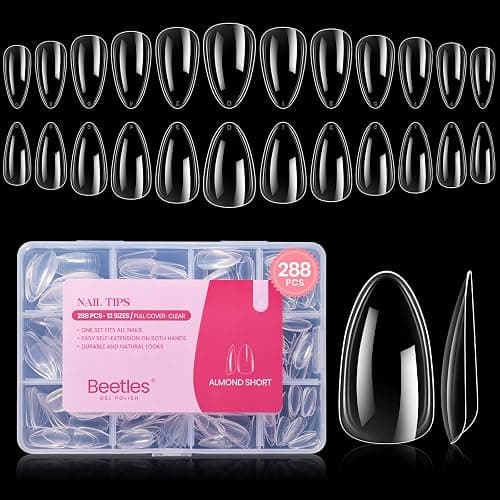 Beetles Gel Short Almond Nail Tips, 288Pcs Pre-Shape Clear Short Almond Gel Press On Nail Fake Nails Easy Nail Extension Full Cover False Nails for Gel Nail Polish Gelly Tips DIY Nail Salon - Image 1