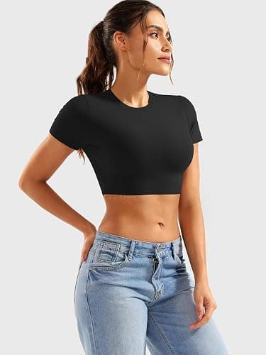 YEOREO Short Sleeve T Shirt for Women Double Lined Crop Top Crew Neck Workout Tee Colin Slim Fit Summer Basic Going Out Top thumbnail 3