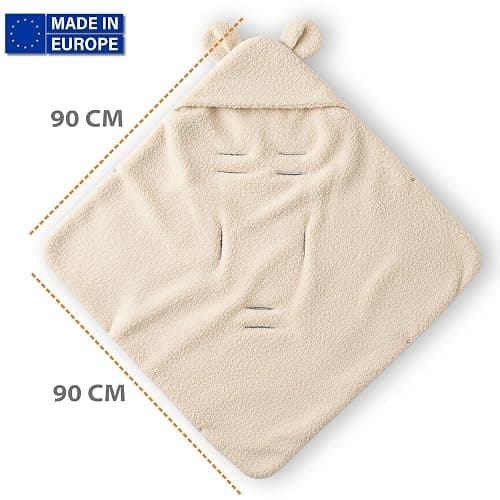 Kuschelige Boucle Einschlagdecke für Babyschale & Kinderwagen – warme Babydecke beidseitig mit Kapuze für Neugeborene – Premium Teddy für den Winter 90×90 cm Hellgrau thumbnail 2