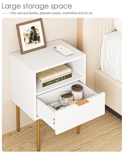 AEPOALUA Nightstand,Morden Bedside Table with Gold Frame,Small White Night Stand,End Table,Bedside Furniture,Side Table with Drawer and Shelf for Bedroom,Living Room (1Drawer, White) thumbnail 4