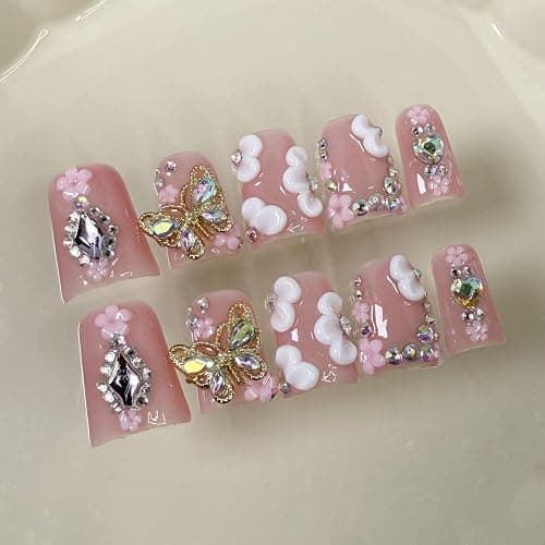 Butterfly Press on Nails, Muti-Layer Gel Handmade Press on Nails Medium, Duck Shaped False Nails with Rhinestone Flower, Full Cover Thickened Fake Nails Designs Stick on Nails for Women Nail Art DIY - Image 1