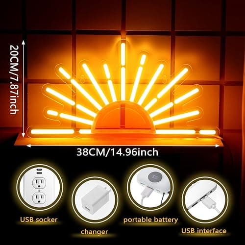 Ganeen Orange Sunrise Sunset Neon Sign Boho Wall Art Neon Lights for Bedroom Sun on The Horizon LED Signs Wall USB Night Room Decor for Living Room, Kitchen, Bathroom, Office Decor, Christmas Gifts thumbnail 2