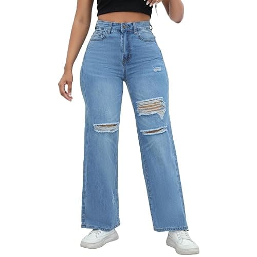 THUNDER STAR Womens High Waisted Wide Leg Jeans Stretchy Distressed Denim Pants thumbnail 2