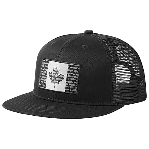 BASSDASH Flat Brim Trucker Cap Adjustable Snapback Hat Mesh Back for Men Women - One Size - Black Fish Maple Flag