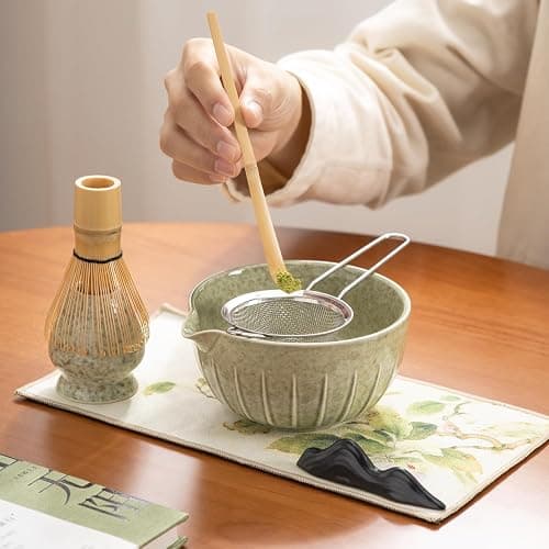 Matcha Whisk Set - 7PCS matcha kit ，Matcha Bowl with Spout, Bamboo Whisk with Ceramic Holder, Macha Scoop and Sifter, Matcha Kit for Ceremony, Gift for Matcha Lovers Green matcha set thumbnail 7
