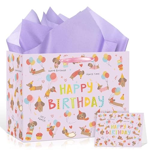 Large Dog Birthday Gift Bag Set with Tissue Paper and Greeting Card Cute Dachshund Dogs Birthday Bag Purple Dachshund Doggy Puppy Dog Pet Gift Wrapping Paper with Handles for Girl Boy Kids Men Women - Image 1