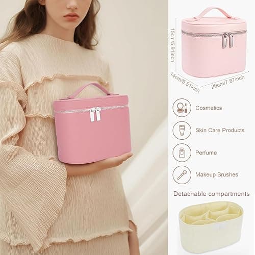 IEMIEBOAMGNOY Leather Make Up Bags With Compartments, Pink Travel Cosmetic Bags for Women, Parallel Makeup Travel Bags Organizer Equipped With a Detachable Divider thumbnail 2