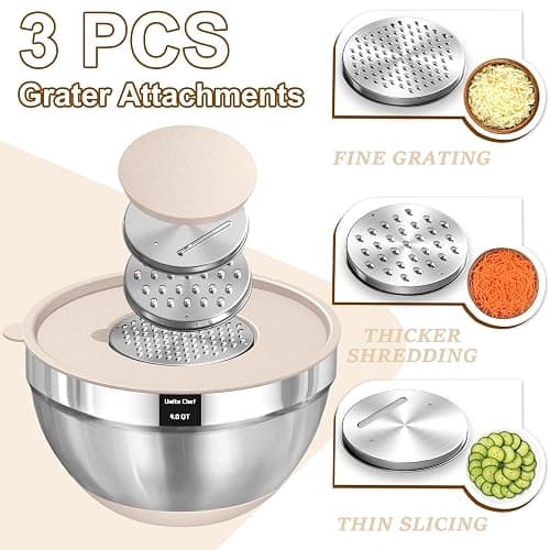 Umite Chef Mixing Bowls with Airtight Lids Set, 8PCS Stainless Steel Khaki Nesting Bowls with Grater Attachments, Kitchen Bowls with Non-Slip Bottoms, Size 5, 4, 3.5, 2, 1.5QT for Mixing & Serving - Khaki thumbnail 3