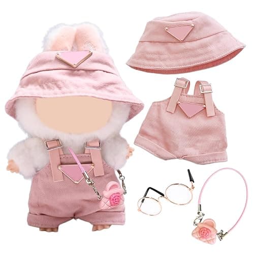 3 Pcs Doll Cloth for 17cm Plush Dolls, Pink Set Include 1 Leggings with Adjustable Straps1 Fisherman's Hat 1 Handbag 1 Glasses for Dolls Premium Outfit Birthday Present for Adult Kids (No Doll) - Image 1