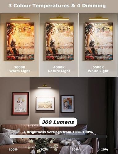 13" Aluminum Wireless Picture Lights for Wall, 5000mAh Rechargeable Battery Operated Wall Art Lighting, Dimmable 3-Color Gallery Painting Light for Pictures On Wall, with Remote/Timer [Gold, 2Pack] thumbnail 2