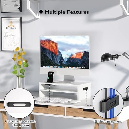 BONTEC Wood Monitor Stand Riser, Desk Monitor Stand with Smartphone Holder, Ergonomic Laptop Stand with Cable Management for Computer, Notebook, PC, 2 Tiers Black (W420 x D235 x H142mm) thumbnail 4