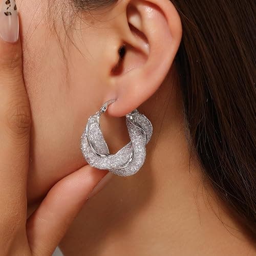 SayovatBek 14K Gold Plated 25–33mm Mesh Hoop Earrings for Women, Cubic Zirconia, 925 Sterling Silver Post, Hypoallergenic Jewelry thumbnail 3