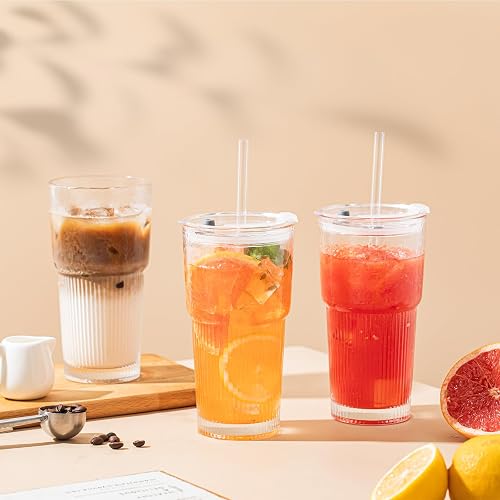 SoulTimes 20oz Glass Tumblers with Lids and Straws, Set of 2 - Stylish Ribbed Design Drinking Glasses for Iced Coffee Cups, Juice, Smoothies, Cold Beverages, Includes Cleaning Brush, Durable Glassware thumbnail 2