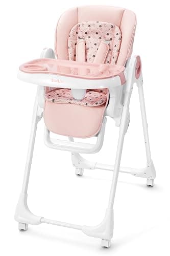 Babilous Foldable High Chair with Soft Cushion, High Chairs for Babies and Toddlers, Height Adjustable Feeding Chair, Adjustable Backrest and Footrest, Lockable Wheels, Star Pink - Image 1