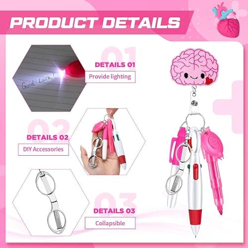 Sieral 6 Pcs Nurse Badge Accessories Include Permanent Marker Pen Highlighter Extendable Ballpoint Pen Foldable Scissors LED Flashlight Keychain Retractable Nurse Badge Clip (Pink,Cute) thumbnail 4