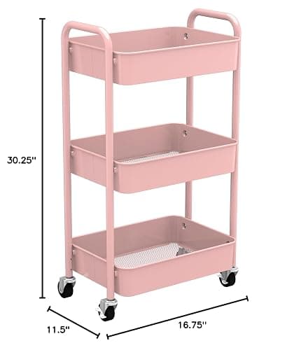 CAXXA 3-Tier Rolling Metal Storage Organizer - Mobile Utility Cart with Caster Wheels, Pink thumbnail 3