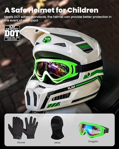 ILM Youth Dirt Bike Helmets Kids ATV Helmet Motorcross BMX Off Road Motorbike with Goggles Gloves Mask DOT Model MT601Y (Spacewalk Green, Youth-Large) thumbnail 2