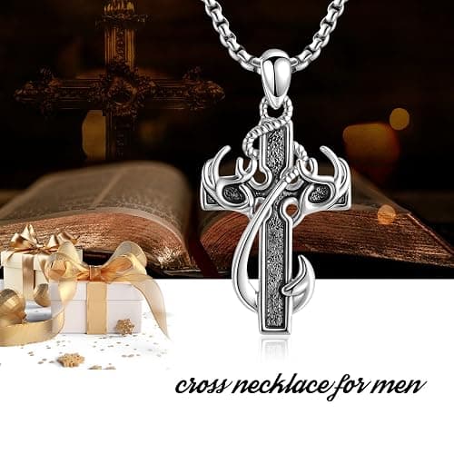 CCmfgjew Christmas Gifts Cross Necklace for Men Stainless Steel Fish Hook Pendant Antler Necklace Hunting Jewelry Gifts for Father Husband Brother 22+2” thumbnail 5