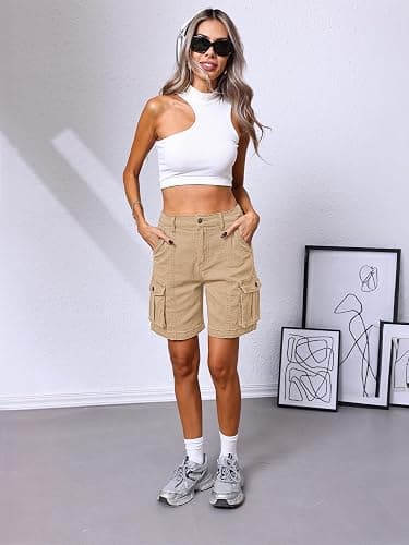 ELLEVEN Bermuda Cargo Shorts Women, Elastic High Waist 6 Pockets Shorts 7 Inch Inseam Summer Jorts for Women Casual thumbnail 6