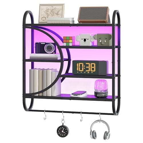 HOOBRO Gaming Floating Shelves with LED Lights, 28.9" LED Wall Mounted Shelf, 5-Tier Display Rack for Wall Storage, Floating Rack with Hanging Rod and 4 S-Hooks, for Game Room, Black BB50DBJ01 thumbnail 8