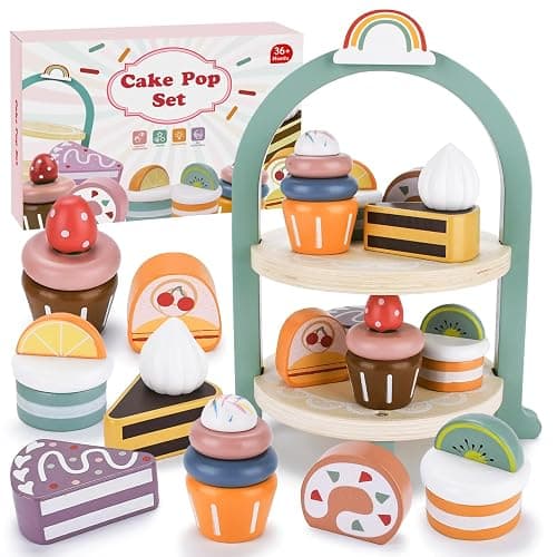 BBWELL Torta per Set da tè Giocattolo,Accessori Cucina Giocattolo Legno per Bambini Bambina,Set Cibo Finto Giocattolo per Cucina Bambini,Regalo Bambino Compleanno Pasqua Halloween Natale 3 4 5 Anni - Image 1
