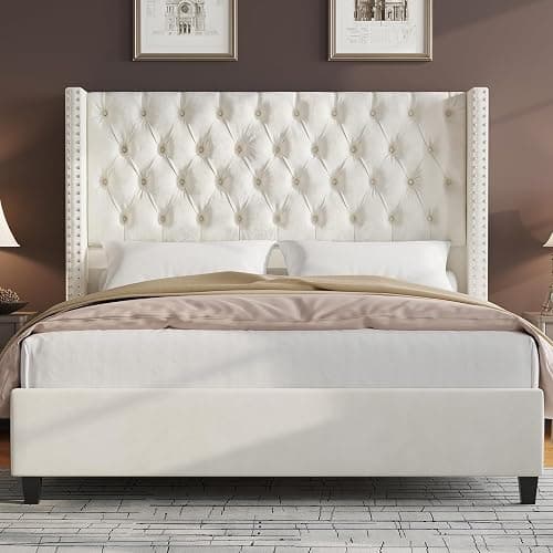 Jocisland Upholstered Bed Frame with Tall Headboard Wingback Platform Bed Tufted Deep Button Velvet/No Box Spring Needed/Easy Assembly (Cream, Queen) thumbnail 7