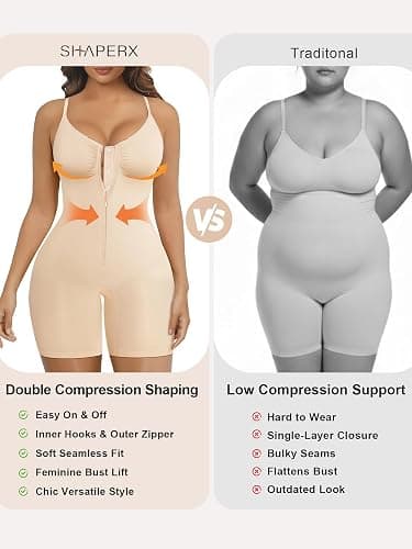SHAPERX Women's Shapewear Bodysuit Tummy Control Seamless Zip-Up Body Shaper Waist Defining Silhouette thumbnail 5