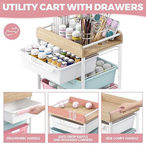 SYKIARIOL Rolling Storage Utility Cart with 4 Drawers,Kids Craft Art Cart,Makeup Organizer and Storage with Wooden Tabletop,Colorful thumbnail 5