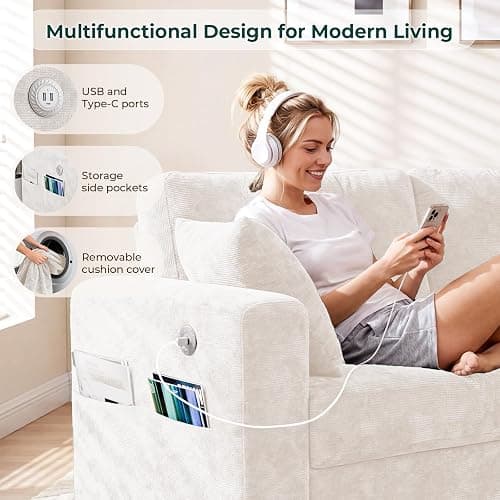 LOLLICE 70" Loveseat Sofa for Living Room, Modern Chenille Cloud Couch with USB/Type-C Charging Ports, Side Pockets, Removable Cover, Wide Armrests, Small Couch for Small Space, Easy Assembly, Beige thumbnail 3