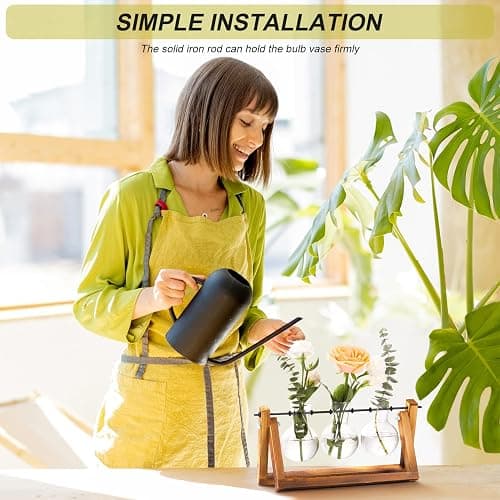 XXXFLOWER Plant Terrarium with Wooden Stand, Air Planter Bulb Glass Vase Metal Swivel Holder Retro Tabletop for Hydroponics Home Garden Office Decoration - 3 Bulb Vase thumbnail 4