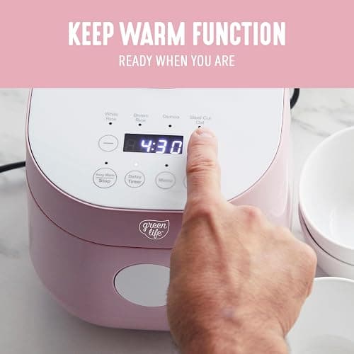 GreenLife Digital Rice Cooker, 2-Cups Uncooked/4-Cups Cooked, Removable Nonstick Ceramic PFAS-Free Pot, One-Touch Presets, Oats, Quinoa, Brown Rice, Auto Keep Warm, Fuzzy Logic Tech, 1.5QT, Pink thumbnail 10