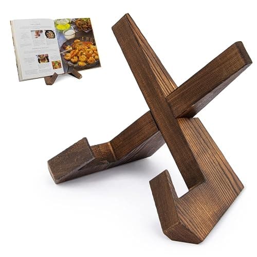 PUERSI Cookbook Stand for Kitchen, Recipe Book Holder for Kitchen Counter, Wooden Cookbook Holder, Rustic Cook Book Holder Stand - Rustic Brown - Image 1