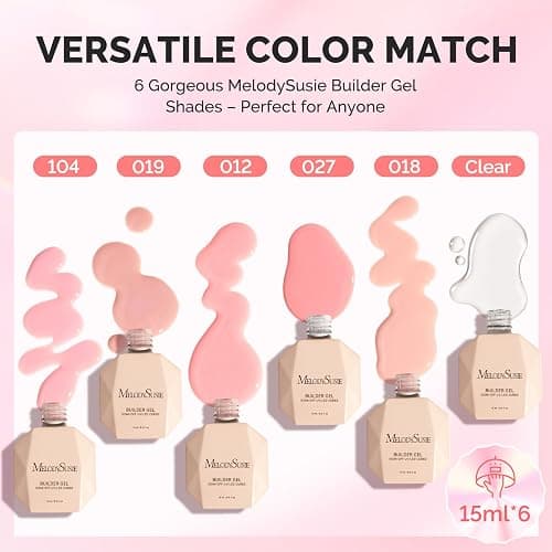 MelodySusie Builder Gel Nail Set for Nails Thickening,6 Colors 15ML Nude Pink Base Colors Clear Rubber Base Gel Polish,Soak Off UV Extension,Rhinestone Nail Glue in a Bottle Gift for Women thumbnail 2