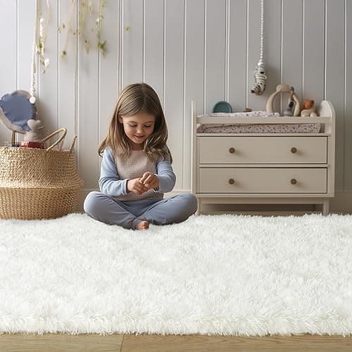 Soft Fluffy Area Rug for Bedroom, Cream White Fuzzy Shaggy Oval Throw Rugs for Bedside, Non-Slip Cozy Plush Shag Carpet for Kids Room Nursery Dorm Living Room, 2.6 x 5.3 Feet thumbnail 3