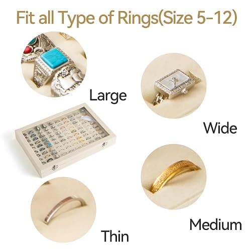 Frebeauty 100 Slots Ring Organizer Tray,Velvet Ring Box with Clear Lid | Velvet Lining Provides Protection,Fits Rings of Various Sizes,Glass Lid Jewelry Tray,for Personal Use and Ring Display thumbnail 6