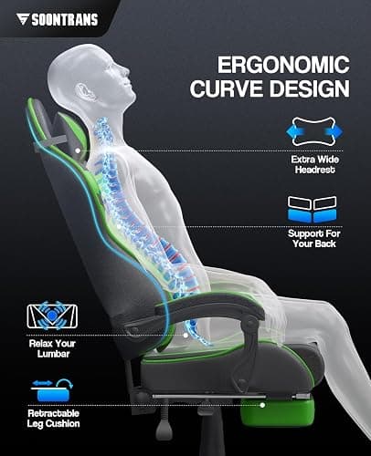 Soontrans Green Gaming Chair with Footrest,Racing Gaming Chair,Computer Gamer Chair,Ergonomic Game Chair with Adjustable Headrest and Lumbar Support(Jungle Green) thumbnail 4