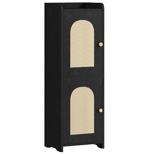 Hzuaneri Bathroom Storage Cabinet, Small Corner Floor Cabinet with 2 Doors | Narrow Toilet Paper Cabinets with Adjustable Shelf, Bathroom Organizer for Small Spaces, 7.9"D x 9.8"W x 29.5"H Rattan Black thumbnail 3