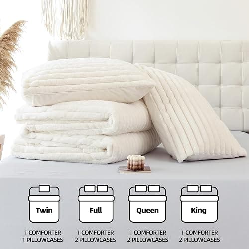 Smoofy Fluffy Twin Comforter Sets 2 Pieces - Cream White Fleece Fluffy Comforter Set, Luxury Fuzzy Twin Bedding Set, Soft Warm Comforter All Season, Heavy Faux Fur Comforter with Pillow Cases thumbnail 7