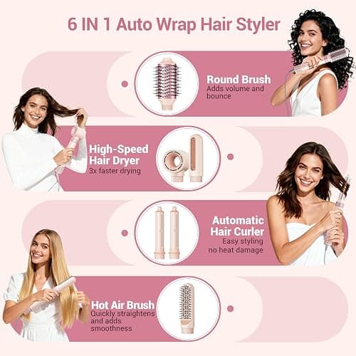 6 in 1 Air Styler, 1400W High Speed Ionic Hair Dryer with Auto-Wrap Curlers, Blow Dryer Oval Brush & Straightener Brush, No Heat Damage Hair Styler for Fast Drying,Curling, Smoothing & Volume thumbnail 2
