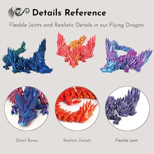 GemmiCho 3D Printed Dragon with Wings, Crystal 3D Printed Dragon, 3D Printed Animals, 3D Printed Movable Animals, Home Office Decor Executive Desk Toy (Dark Red) thumbnail 5