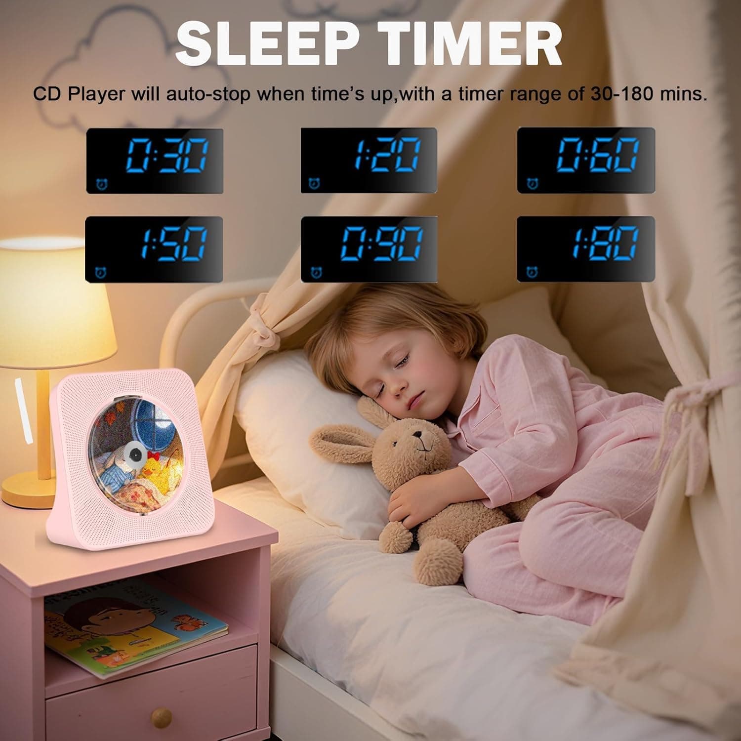 Pink CD Player Bluetooth, Portable Desktop CD Player with Speakers | Kpop Music Boombox with Bluetooth/FM Radio/AUX/USB Input, Timer Setting, LED Display, Small Cute CD Player Gift for Kids thumbnail 5