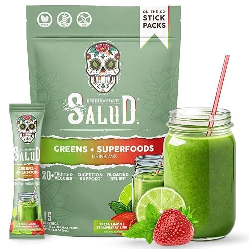 Salud 2-in-1 Greens Powder + Superfood Drink Mix Packets, 20+ Fruits and Veggies, Probiotics, Prebiotics, Supports Digestive Health, Bloating Relief, Vegan, Strawberry Lime (15 Servings) - Image 1