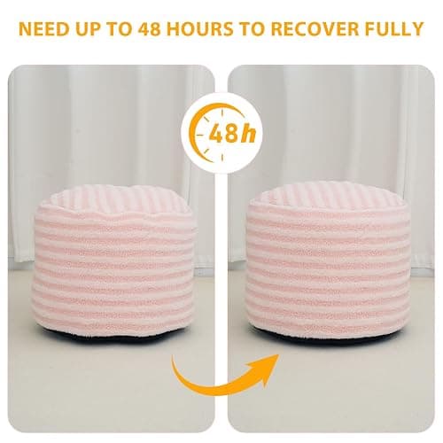 Round Pouf Ottoman Stuffed Foot Rest Stool, Floor Chair Poufs for Living Room Bedroom, Faux Fur Poufs with Foam Chunk Filling, Storage Ottoman Pouf 20 X 15 Inch Boho Poof for Couch, Pink & White thumbnail 4