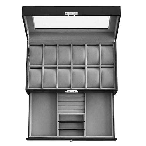 SONGMICS Watch Box, 12-Slot Watch Case Organizer with Large Glass Lid, 2 Layers, Removable Pillows, Metal Lock, Gift for Loved Ones, Black Synthetic Leather, Christmas Gift, Gray Lining UJWB012 thumbnail 8