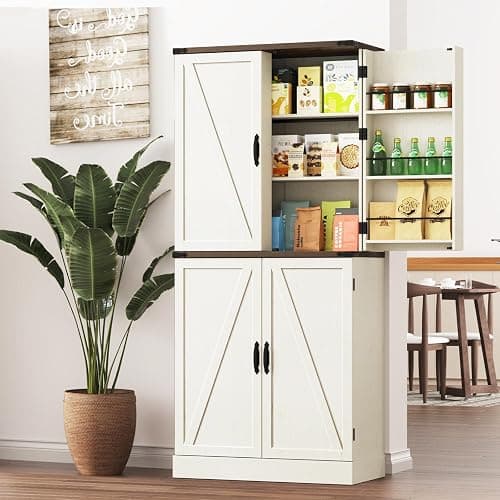 Farmhouse Kitchen Pantry Cabinet with 3 Drawers,71" Tall Rustic Wood Storage Cabinet with 6 Door Shelves,with Load-Bearing Steel Pipe,Pantry Organizers for Kitchen,Dining Room(Rustic Off White) thumbnail 7