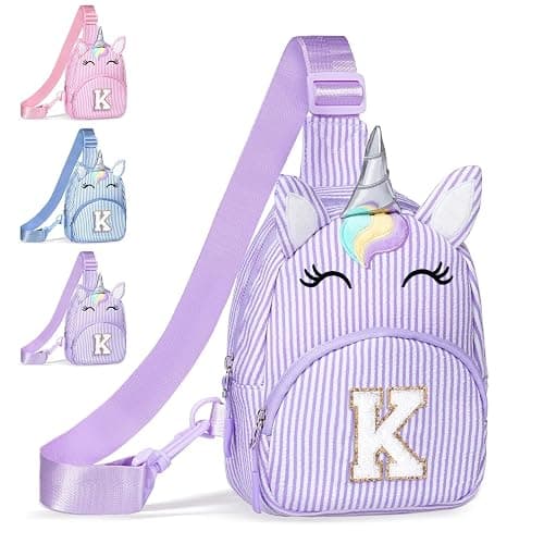 COSHAYSOO Purple Purse for Little Girls 3-5 4-6 6-8 8-10 Unicorn Birthday Party Easter Gifts for Kids Flower Girl Dance Recital Performance Travel Trip Favors Initial Letter K - Image 1